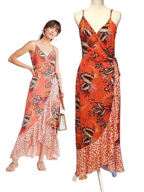 FARM Rio Coral Orange Floral & Leopard Print Wrap Maxi Dress
